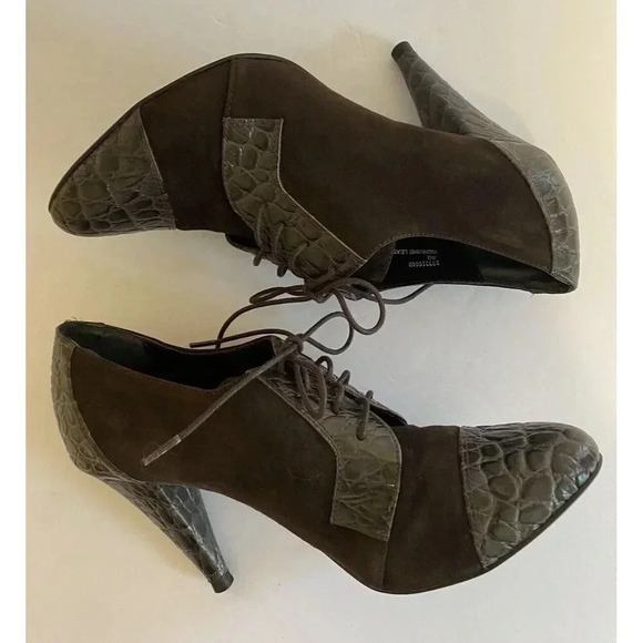 Leather Suede Crock Embossed Heeled Lace up Shoe Pointed Closed Toe Heels - Picture 9 of 11